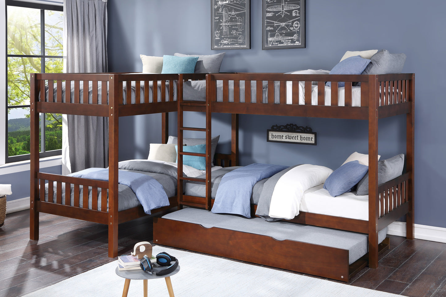 B2013CNDC-1R* - (4) Corner Bunk Bed with Twin Trundle