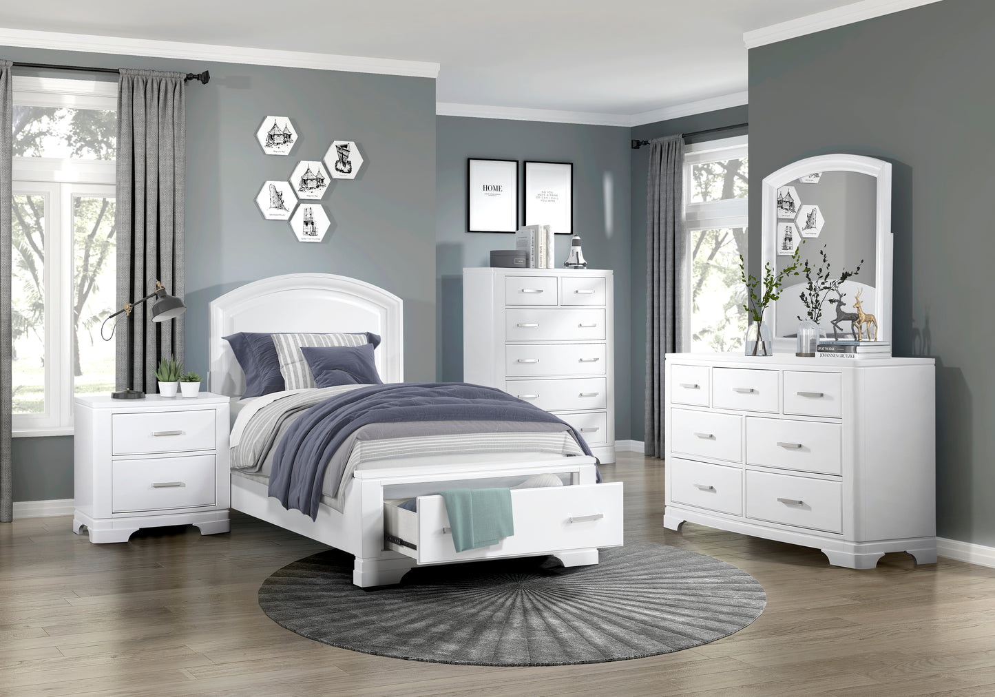 1520WHT-1* - (3) Twin Platform Bed with Footboard Storage