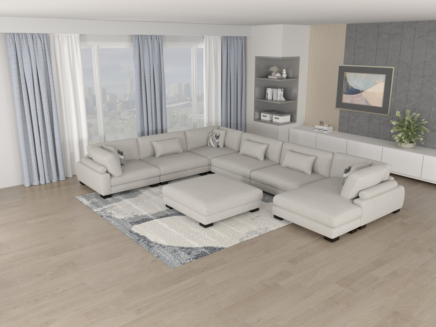 9555BEG*4CRACVCOT - (4)4-Piece Modular Sectional with Chaise and Ottoman