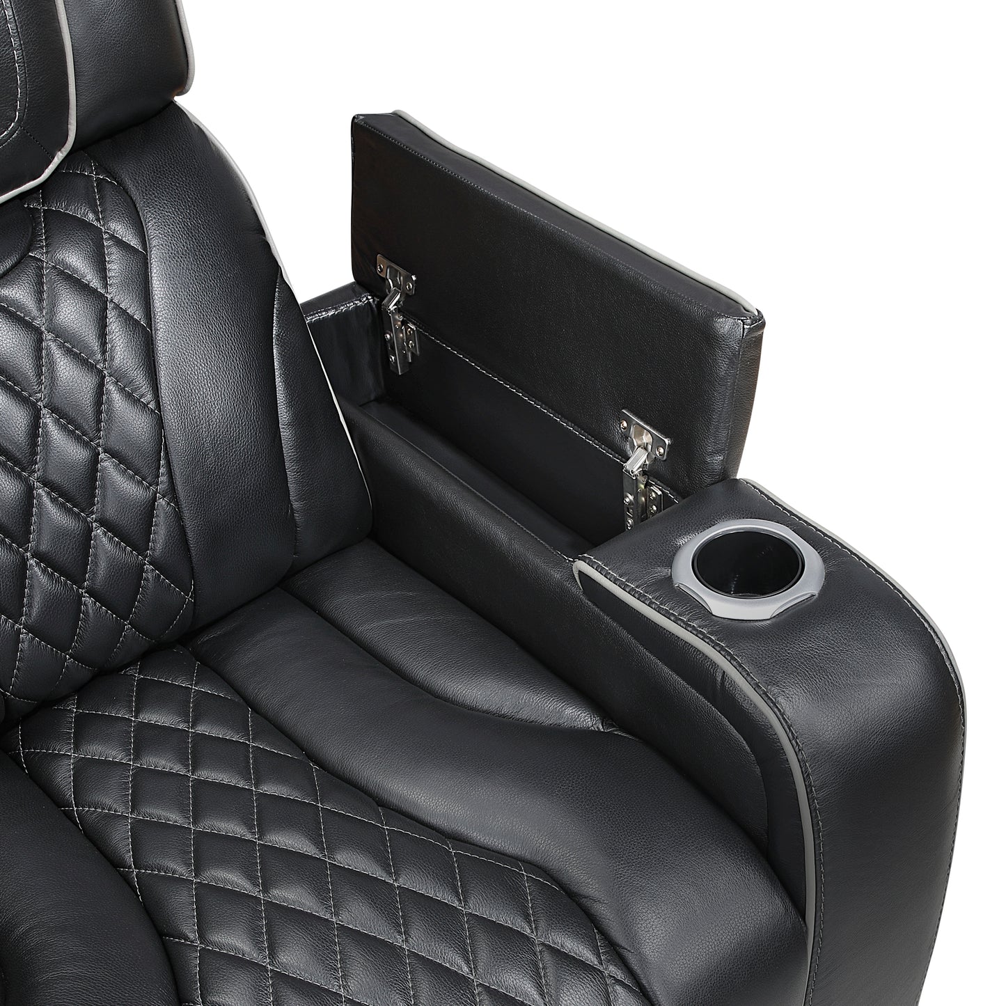 8449BK-3PWHM - Power Double Reclining Sofa with Center Drop-Down Cup Holders, Power Headrests, Storage Arms with Cup holders, Reading Lights, Wireless Charger, Air Massage and Heat, LED Lighting and Charging Ports