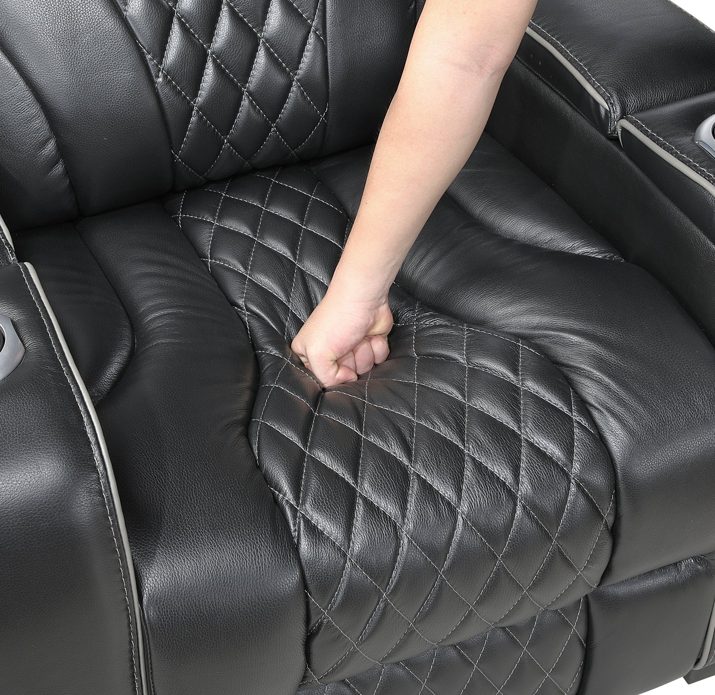 8449BK-3PWHM - Power Double Reclining Sofa with Center Drop-Down Cup Holders, Power Headrests, Storage Arms with Cup holders, Reading Lights, Wireless Charger, Air Massage and Heat, LED Lighting and Charging Ports