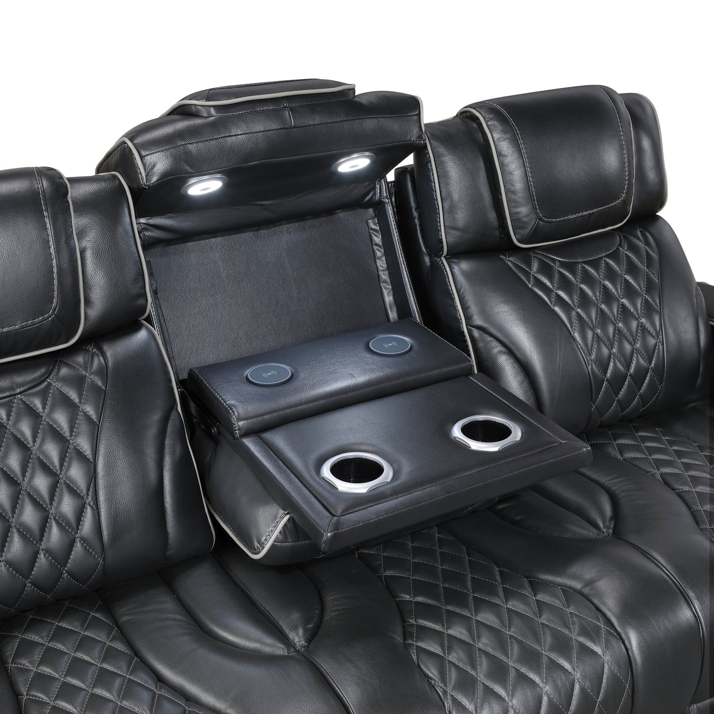 8449BK-3PWHM - Power Double Reclining Sofa with Center Drop-Down Cup Holders, Power Headrests, Storage Arms with Cup holders, Reading Lights, Wireless Charger, Air Massage and Heat, LED Lighting and Charging Ports