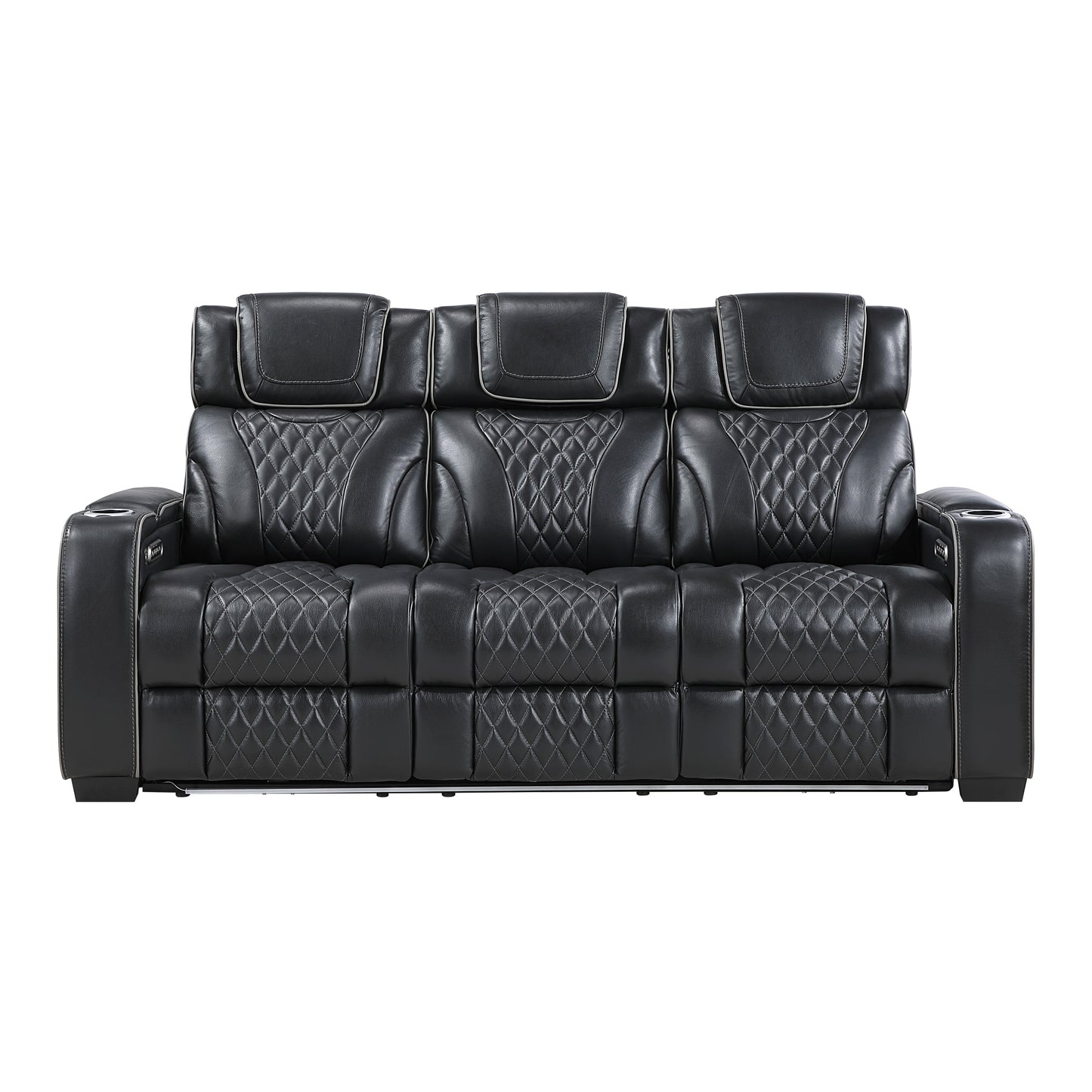 8449BK-3PWHM - Power Double Reclining Sofa with Center Drop-Down Cup Holders, Power Headrests, Storage Arms with Cup holders, Reading Lights, Wireless Charger, Air Massage and Heat, LED Lighting and Charging Ports