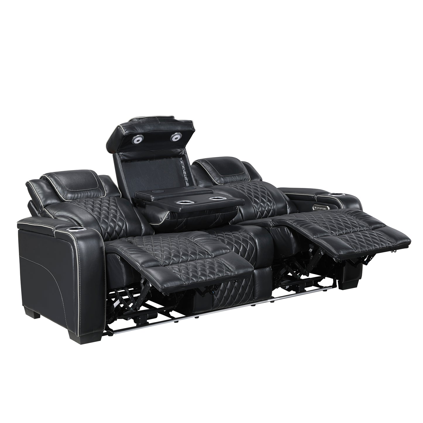 8449BK-3PWHM - Power Double Reclining Sofa with Center Drop-Down Cup Holders, Power Headrests, Storage Arms with Cup holders, Reading Lights, Wireless Charger, Air Massage and Heat, LED Lighting and Charging Ports