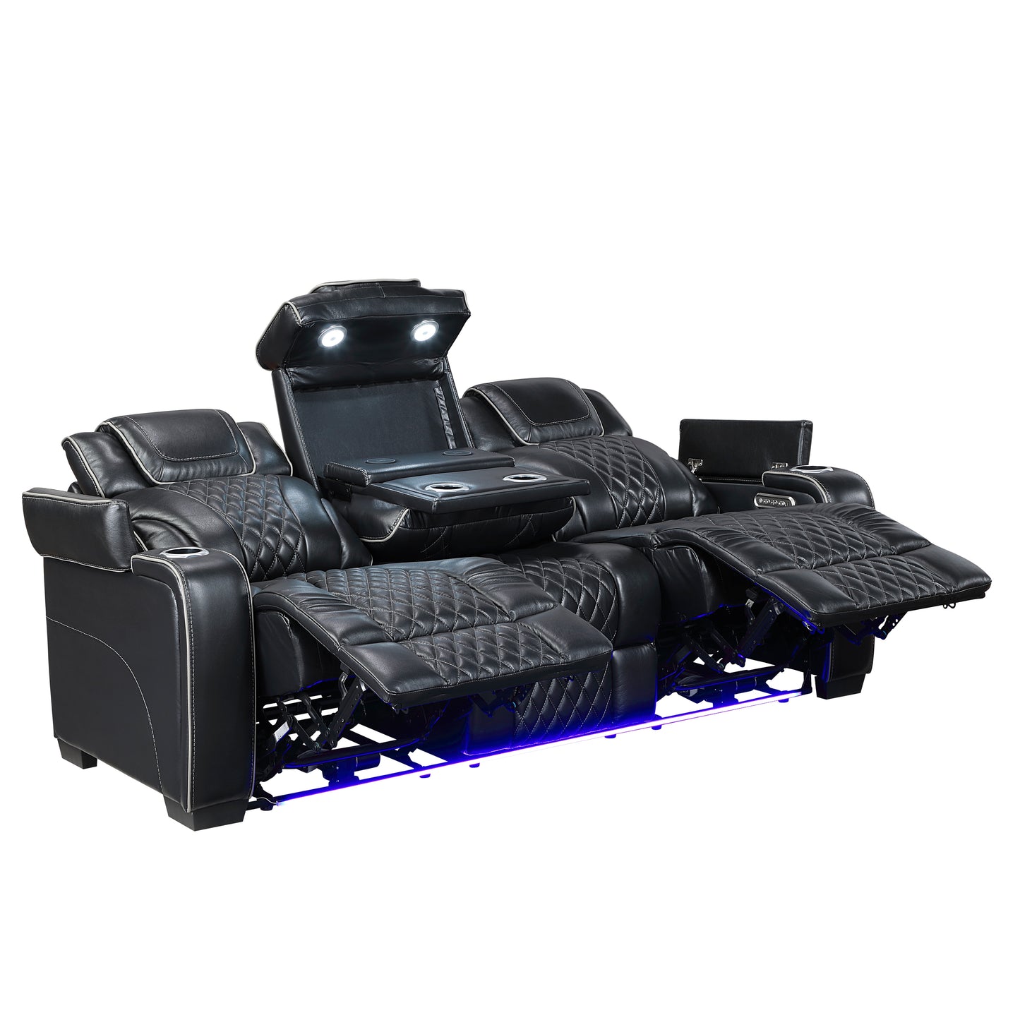 8449BK-3PWHM - Power Double Reclining Sofa with Center Drop-Down Cup Holders, Power Headrests, Storage Arms with Cup holders, Reading Lights, Wireless Charger, Air Massage and Heat, LED Lighting and Charging Ports