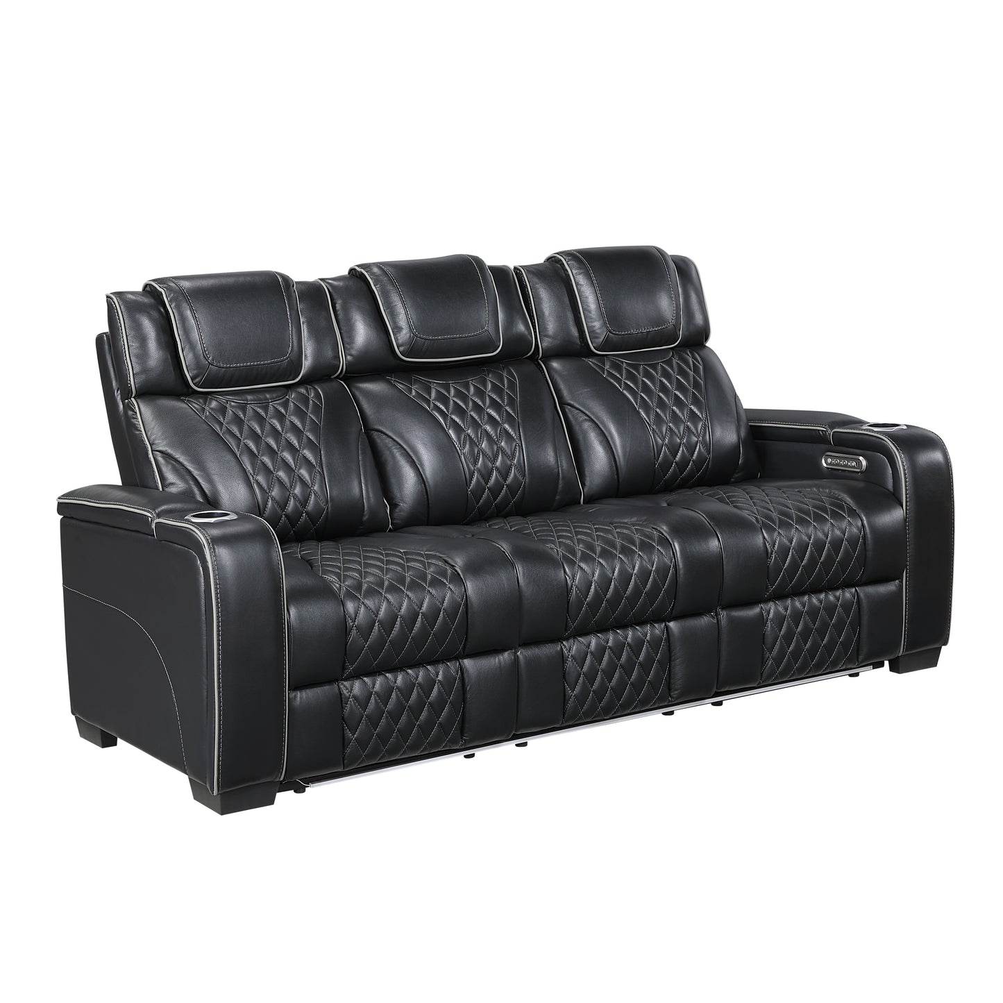 8449BK-3PWHM - Power Double Reclining Sofa with Center Drop-Down Cup Holders, Power Headrests, Storage Arms with Cup holders, Reading Lights, Wireless Charger, Air Massage and Heat, LED Lighting and Charging Ports