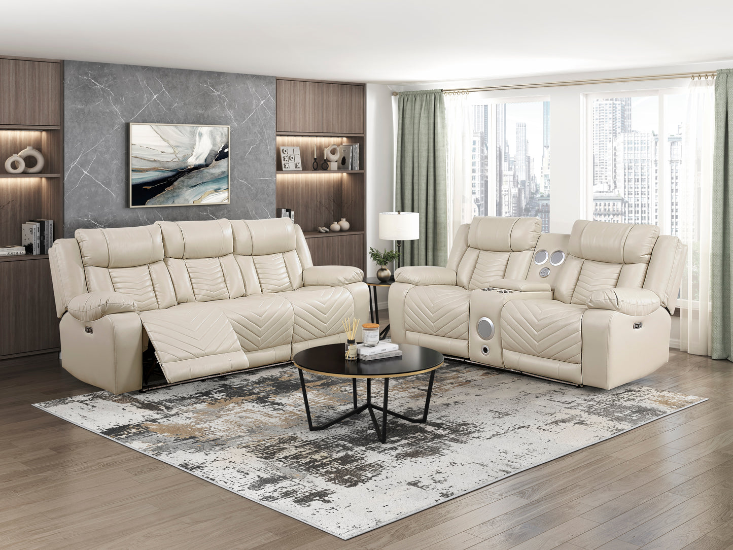 8457BEG-3PW - Power Double Reclining Sofa with Center Drop-Down Cup Holders, Wireless Charger, Magazine Bag, LED and Charging Ports