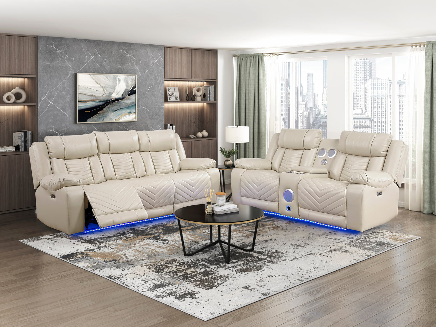 8457BEG-3PW - Power Double Reclining Sofa with Center Drop-Down Cup Holders, Wireless Charger, Magazine Bag, LED and Charging Ports