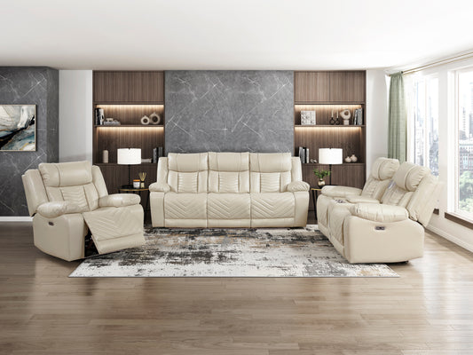 8457BEG-3PW - Power Double Reclining Sofa with Center Drop-Down Cup Holders, Wireless Charger, Magazine Bag, LED and Charging Ports