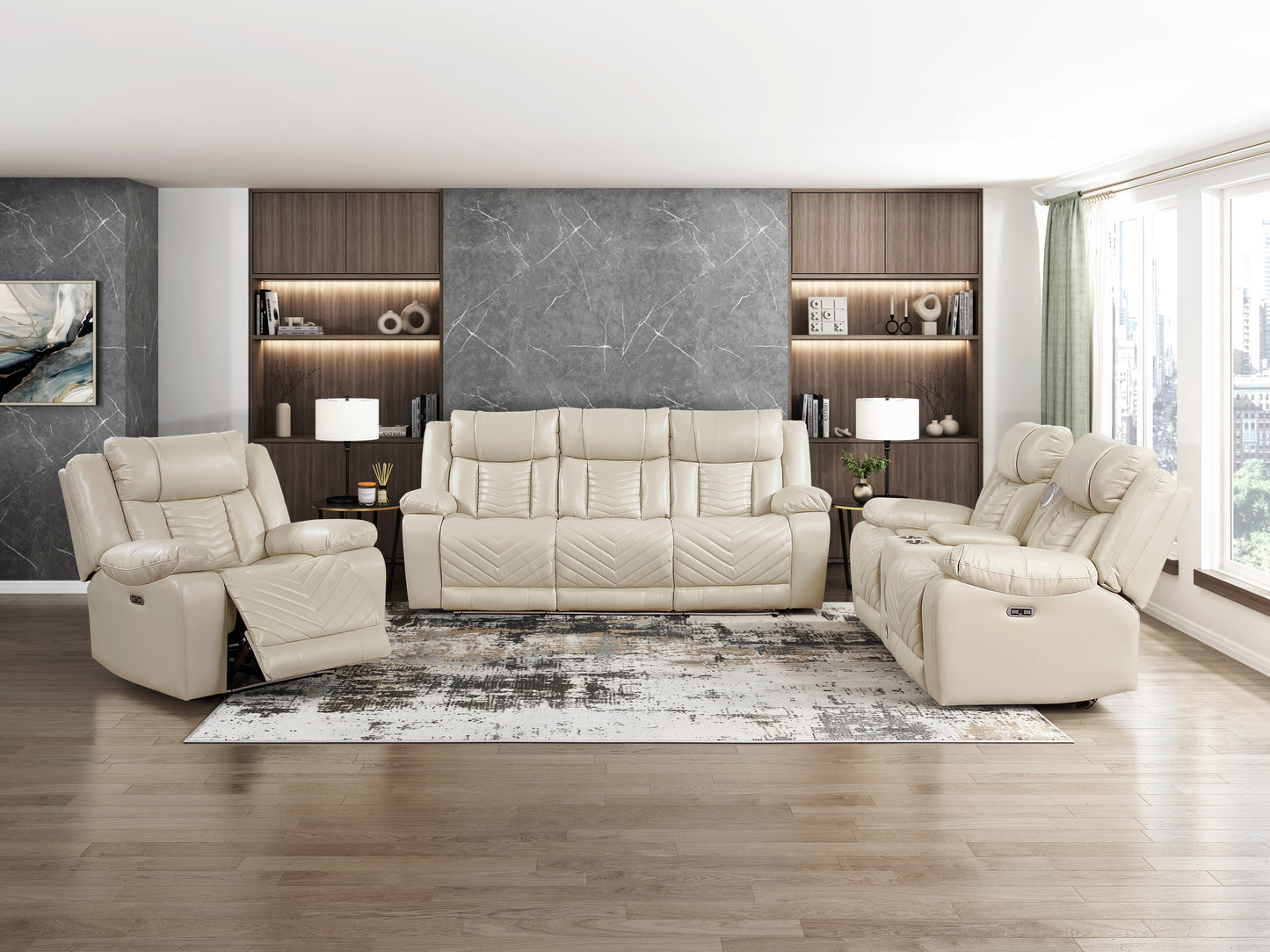 8457BEG-2PW - Power Double Reclining Love Seat with Center Console, Wireless Speakers, LED and Charging Ports
