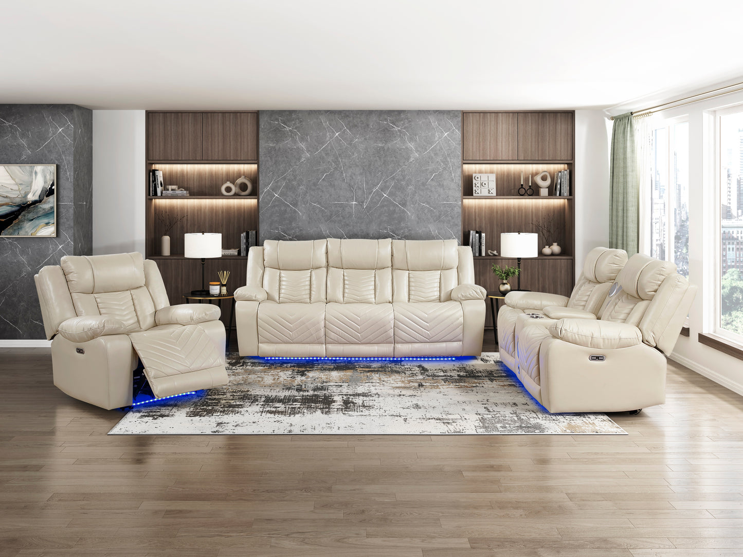8457BEG-3PW - Power Double Reclining Sofa with Center Drop-Down Cup Holders, Wireless Charger, Magazine Bag, LED and Charging Ports