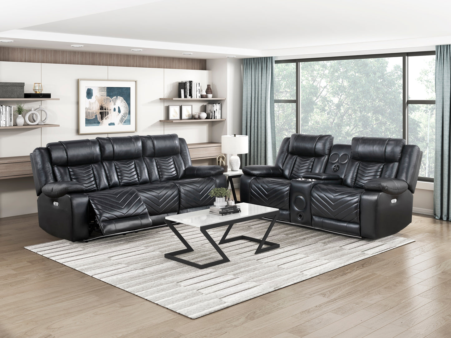 8457BLK-3PW - Power Double Reclining Sofa with Center Drop-Down Cup Holders, Wireless Charger, Magazine Bag, LED and Charging Ports