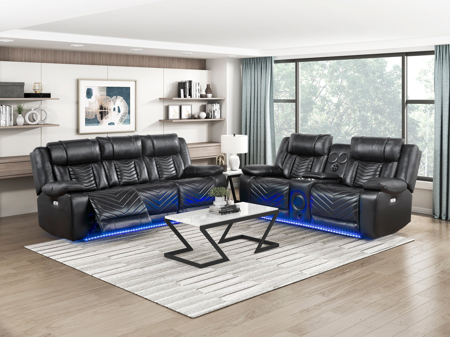 8457BLK-3PW - Power Double Reclining Sofa with Center Drop-Down Cup Holders, Wireless Charger, Magazine Bag, LED and Charging Ports