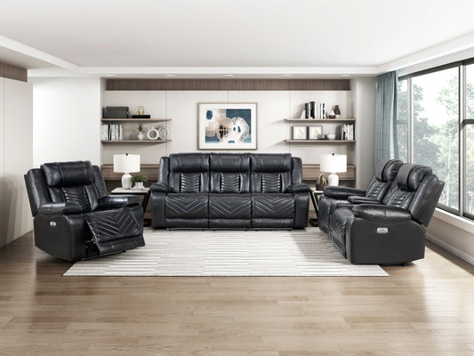 8457BLK-3PW - Power Double Reclining Sofa with Center Drop-Down Cup Holders, Wireless Charger, Magazine Bag, LED and Charging Ports