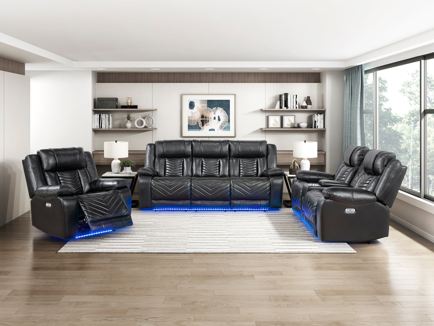 8457BLK-3PW - Power Double Reclining Sofa with Center Drop-Down Cup Holders, Wireless Charger, Magazine Bag, LED and Charging Ports