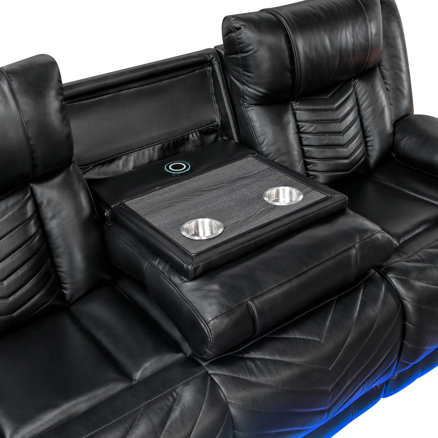 8457BLK-3PW - Power Double Reclining Sofa with Center Drop-Down Cup Holders, Wireless Charger, Magazine Bag, LED and Charging Ports