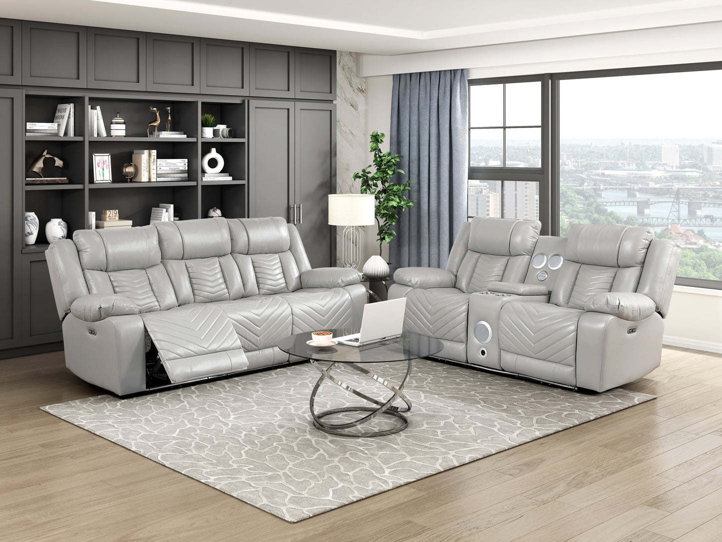 8457GRY-3PW - Power Double Reclining Sofa with Center Drop-Down Cup Holders, Wireless Charger, Magazine Bag, LED and Charging Ports