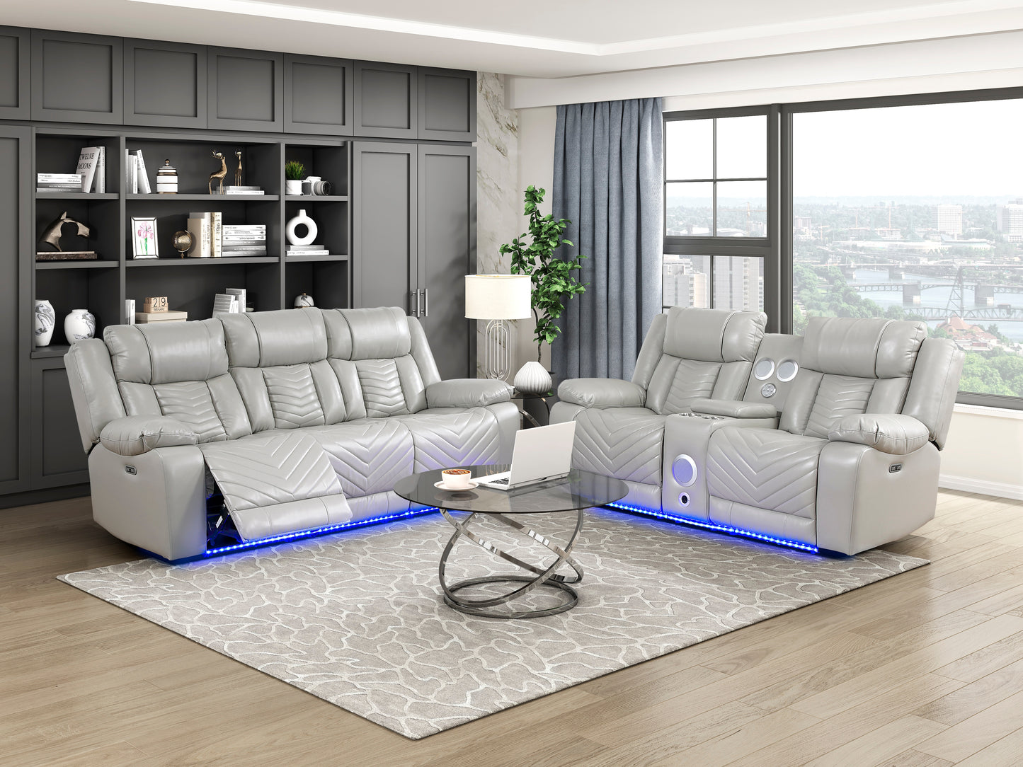 8457GRY-2PW - Power Double Reclining Love Seat with Center Console, Wireless Speakers, LED and Charging Ports
