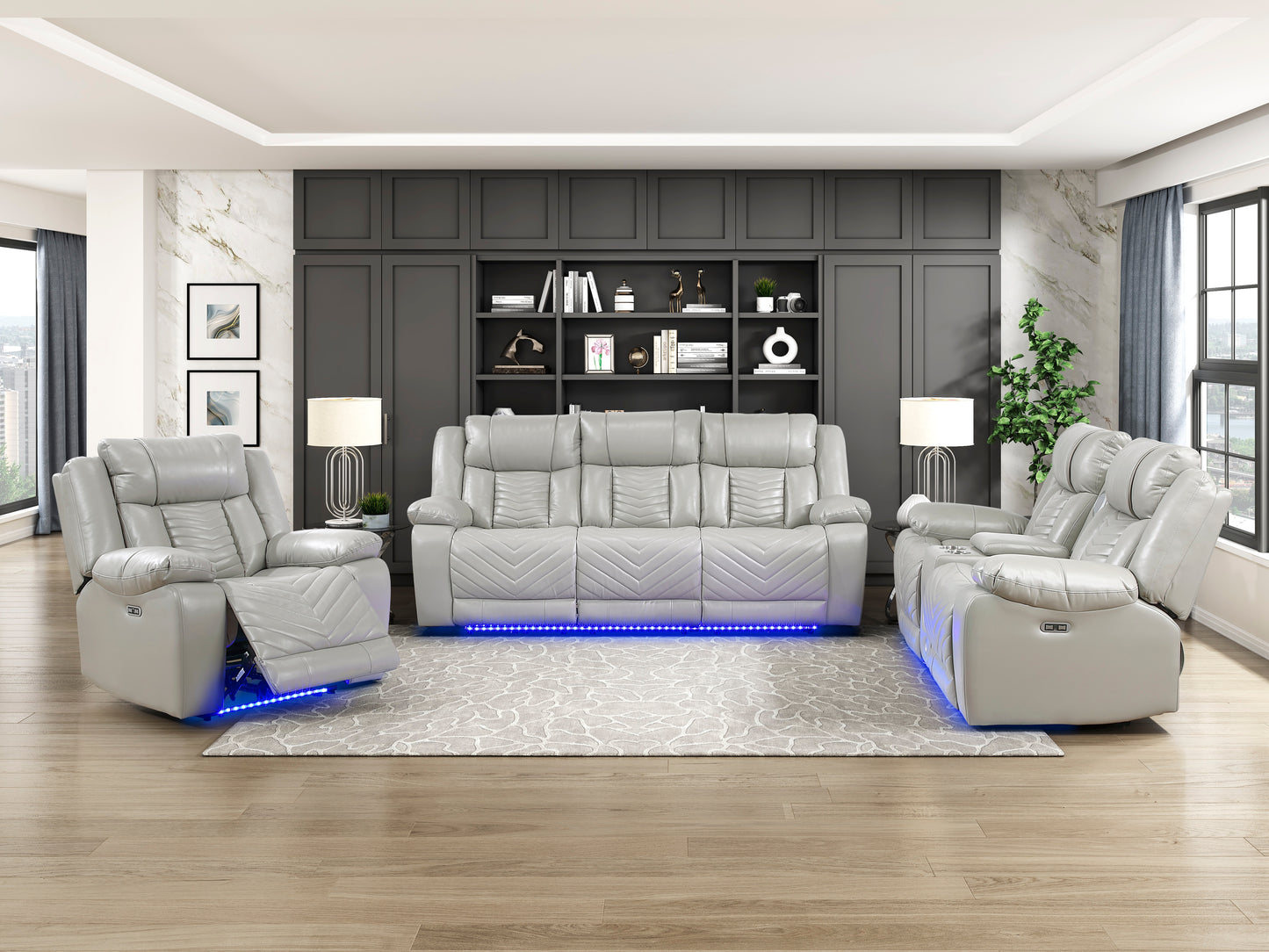 8457GRY-3PW - Power Double Reclining Sofa with Center Drop-Down Cup Holders, Wireless Charger, Magazine Bag, LED and Charging Ports