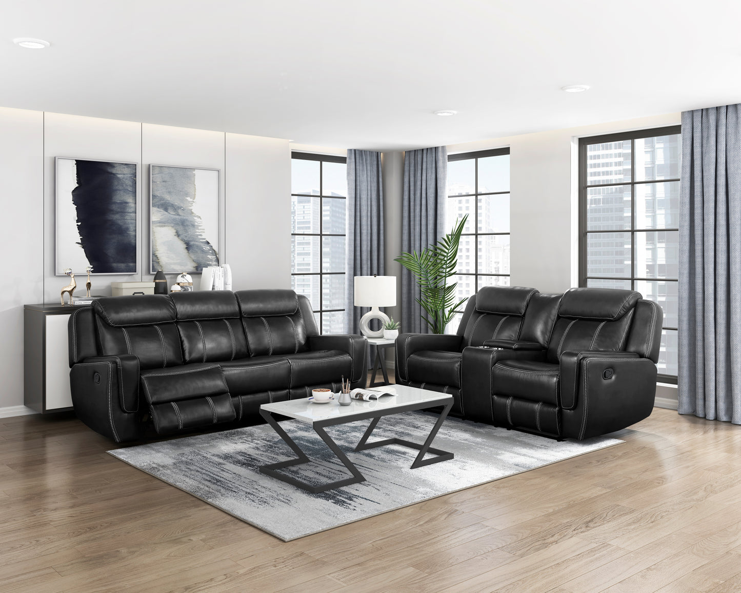 8516BK-2 - Double Reclining Love Seat with Center Console, Receptacles and USB Ports