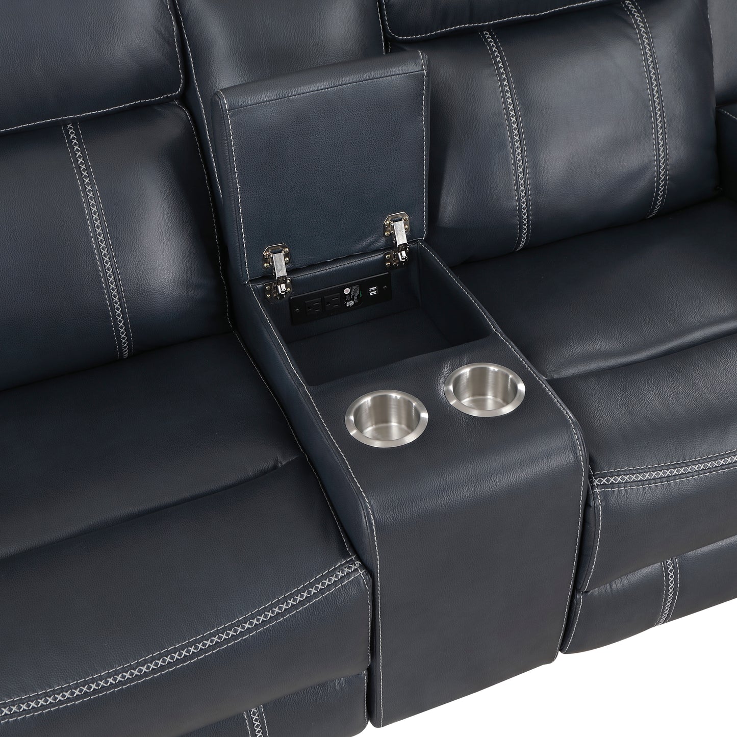 8516BU-2 - Double Reclining Love Seat with Center Console, Receptacles and USB Ports