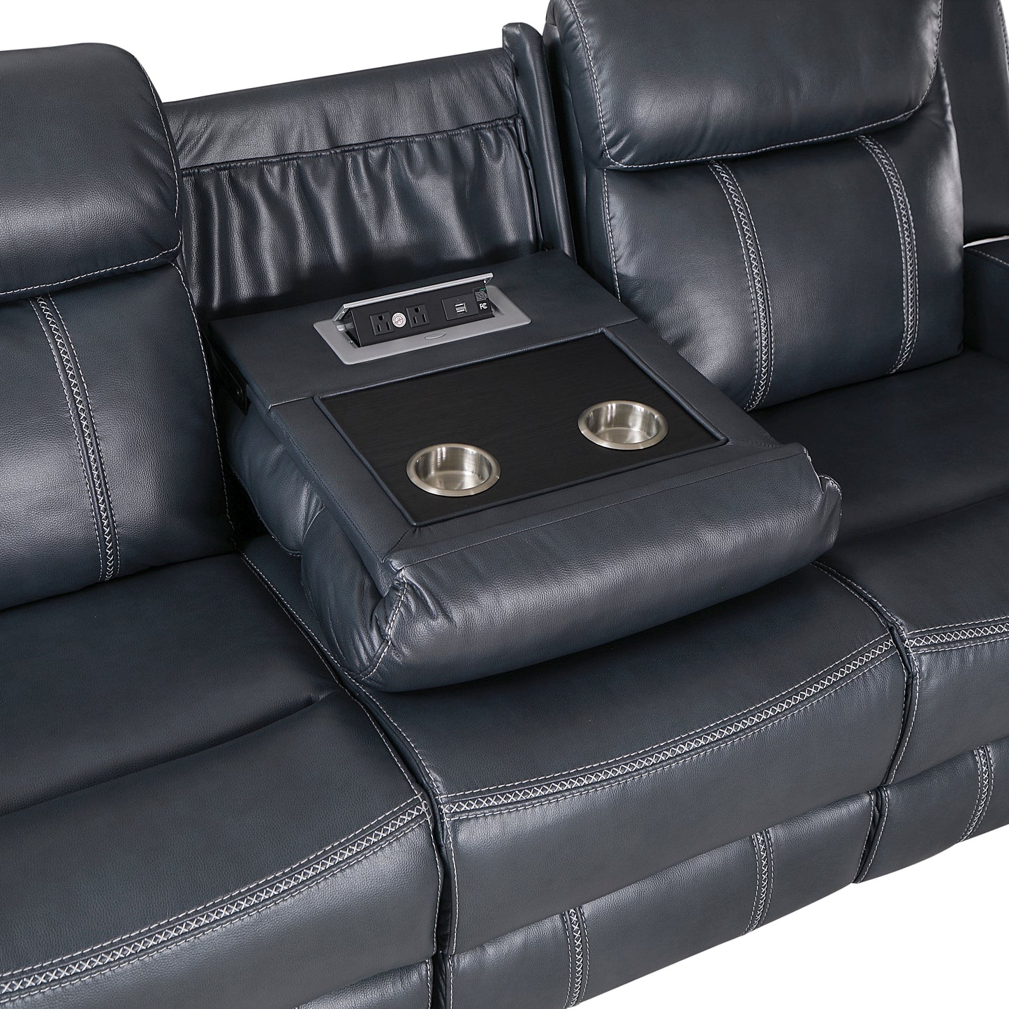 8516BU-3 - Double Reclining Sofa with Center Drop-Down Cup Holders,Storage Pouch, Receptacles and USB Ports