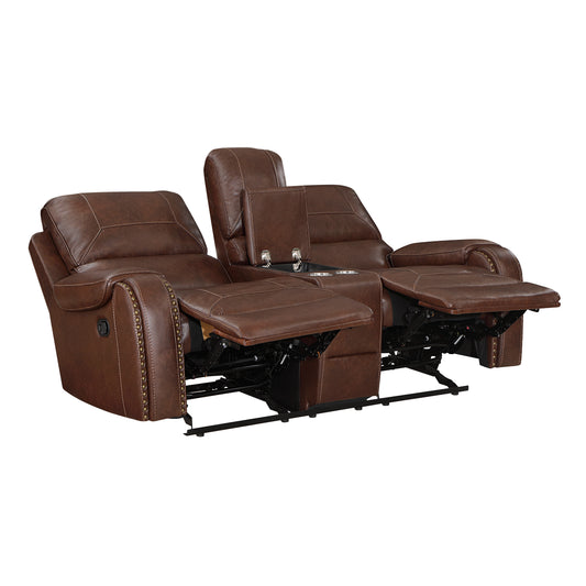 8549BRW-2 - Double Glider Reclining Love Seat with Center Console, Receptacles and USB Ports
