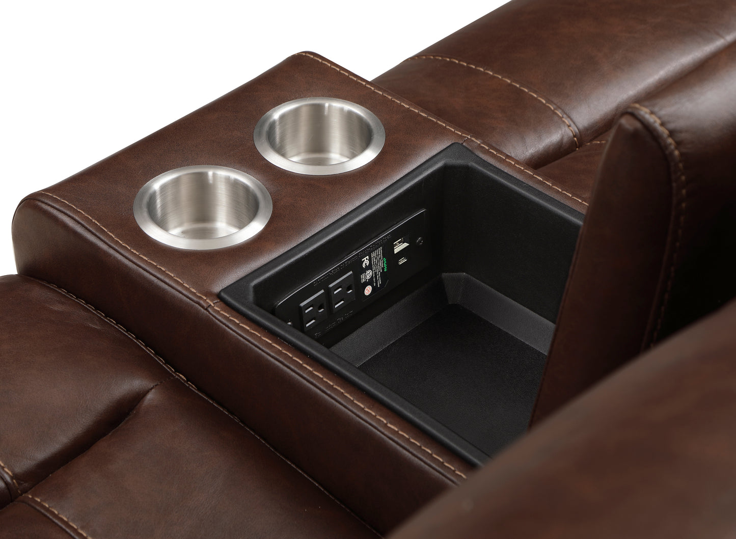8549BRW-2 - Double Glider Reclining Love Seat with Center Console, Receptacles and USB Ports