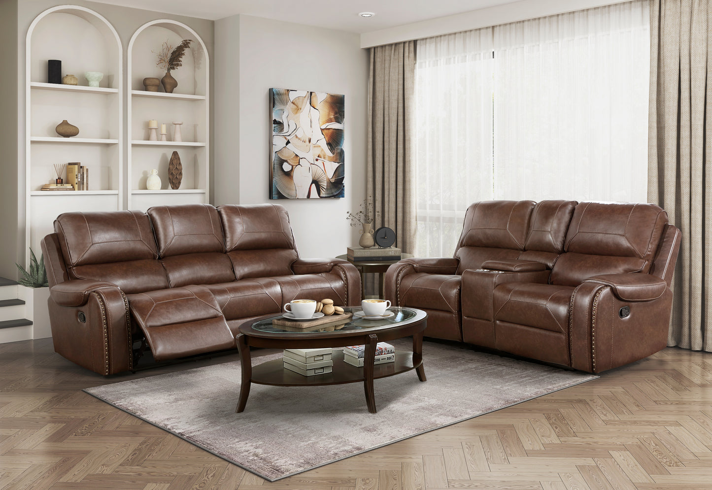 8549BRW-3 - Double Reclining Sofa with Center Drop-Down Cup Holders, Receptacles and USB Ports