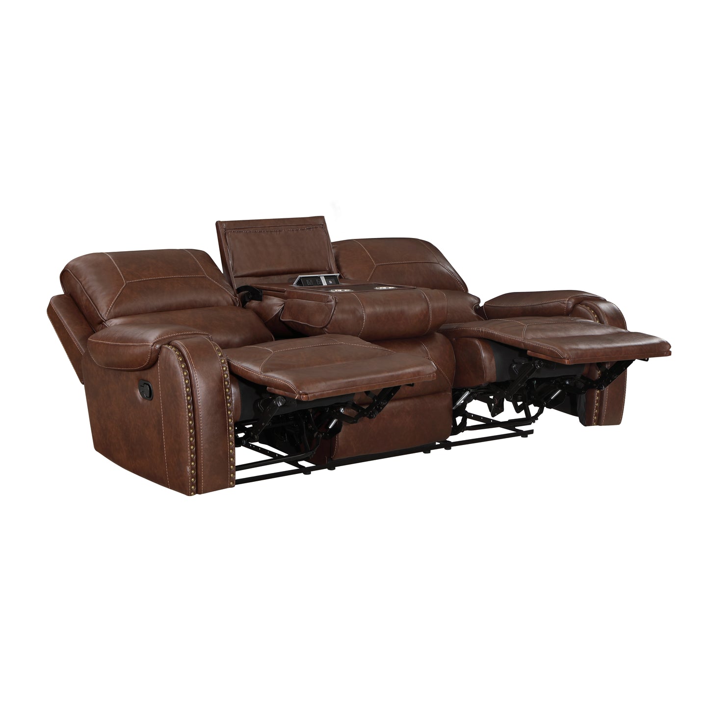 8549BRW-3 - Double Reclining Sofa with Center Drop-Down Cup Holders, Receptacles and USB Ports