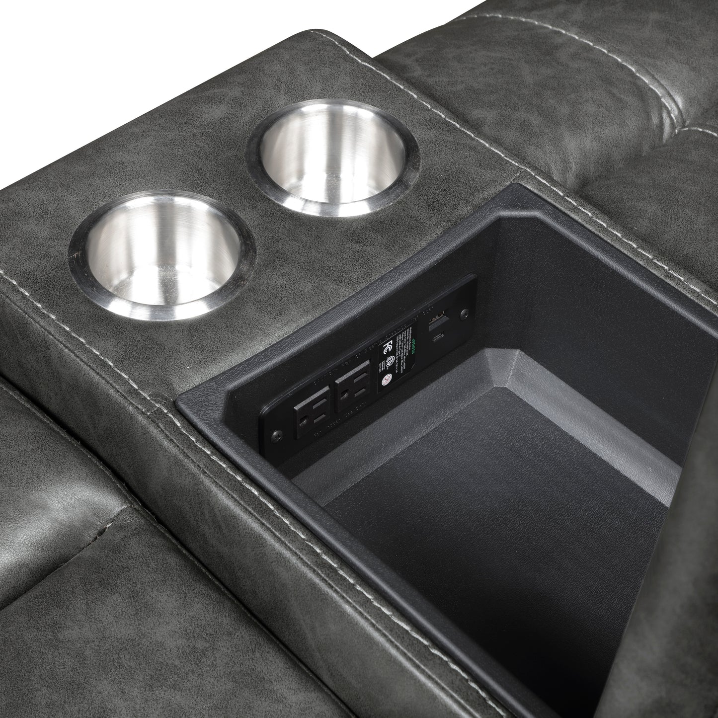 8549GRY-2 - Double Glider Reclining Love Seat with Center Console, Receptacles and USB Ports