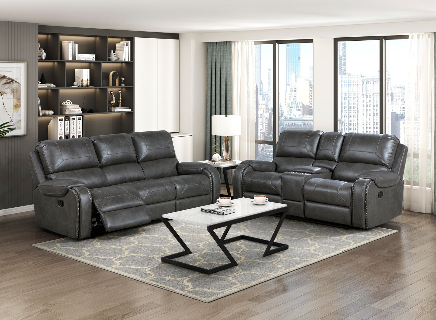 8549GRY-3 - Double Reclining Sofa with Center Drop-Down Cup Holders, Receptacles and USB Ports