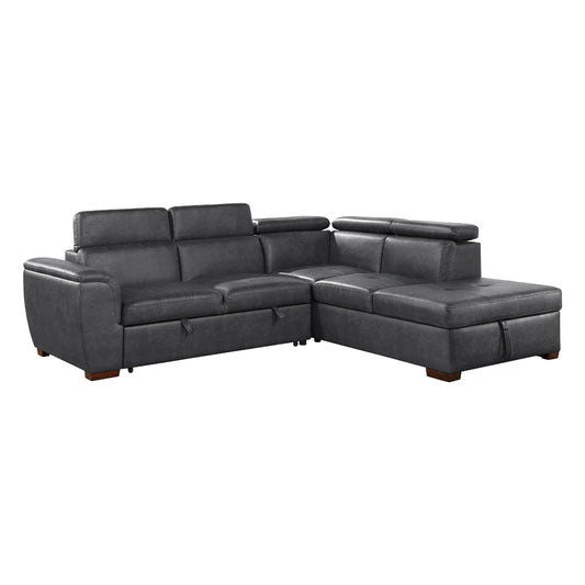 8567GY*SC - (2)2-Piece Sectional with Pull-out Bed and Right Chaise with Hidden Storage, Adjustable Headrests