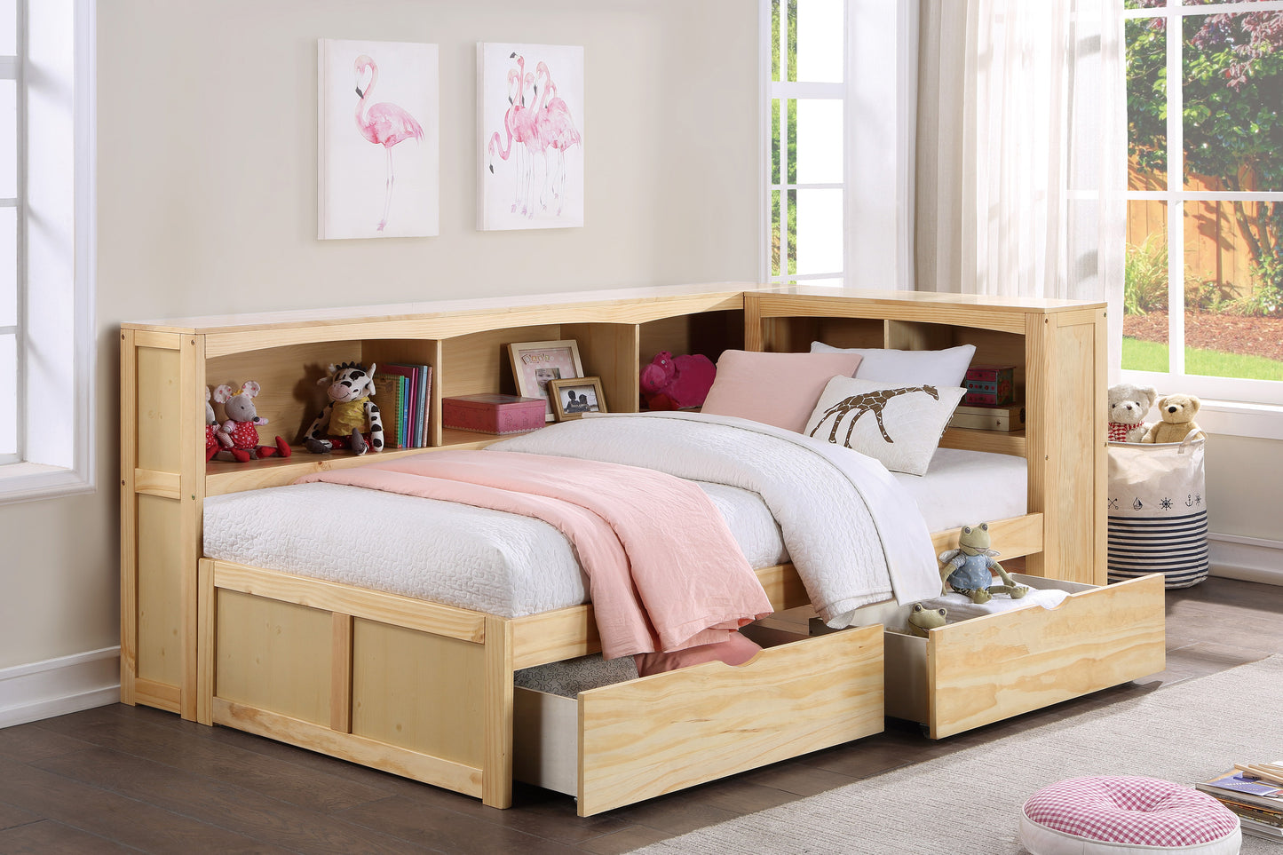 B2043BC-1BCT* - (4) Twin Bookcase Corner Bed with Storage Boxes