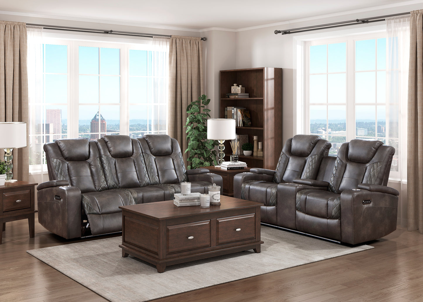 9211BRG-3PWH - Power Double Reclining Sofa with Center Drop-Down Cup Holders, Power Headrests, Storage Arms and Cup holders