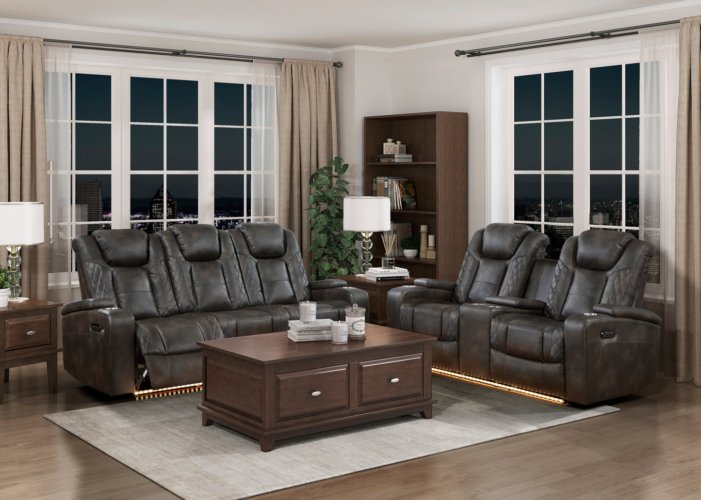 9211BRG-3PWH - Power Double Reclining Sofa with Center Drop-Down Cup Holders, Power Headrests, Storage Arms and Cup holders