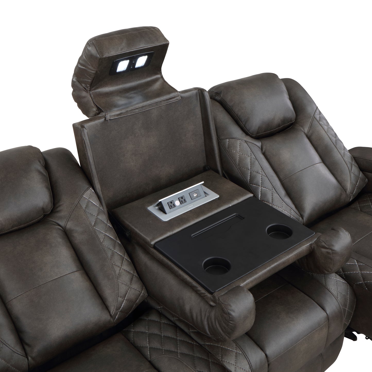 9211BRG-3PWH - Power Double Reclining Sofa with Center Drop-Down Cup Holders, Power Headrests, Storage Arms and Cup holders