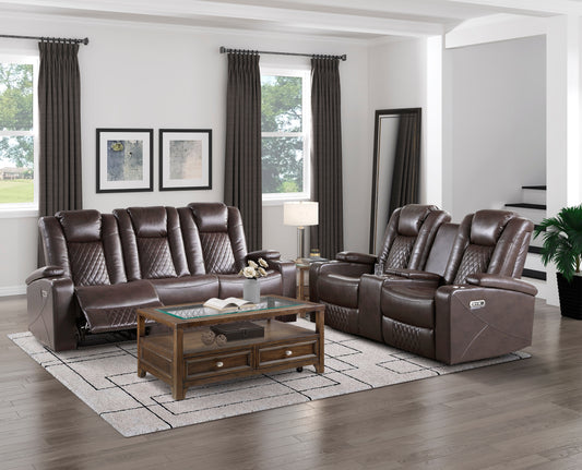 9366DB-3PWH - Power Double Reclining Sofa with Center Drop-Down Cup Holders, Power Headrests, Storage Arms, Cup holders and Reading Lights