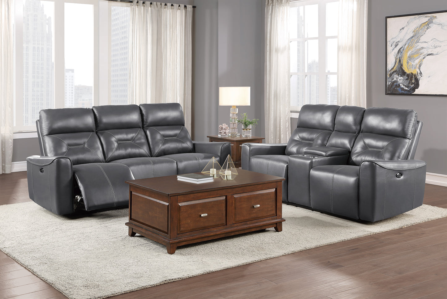9446GY-3PW - Power Double Reclining Sofa with USB Ports