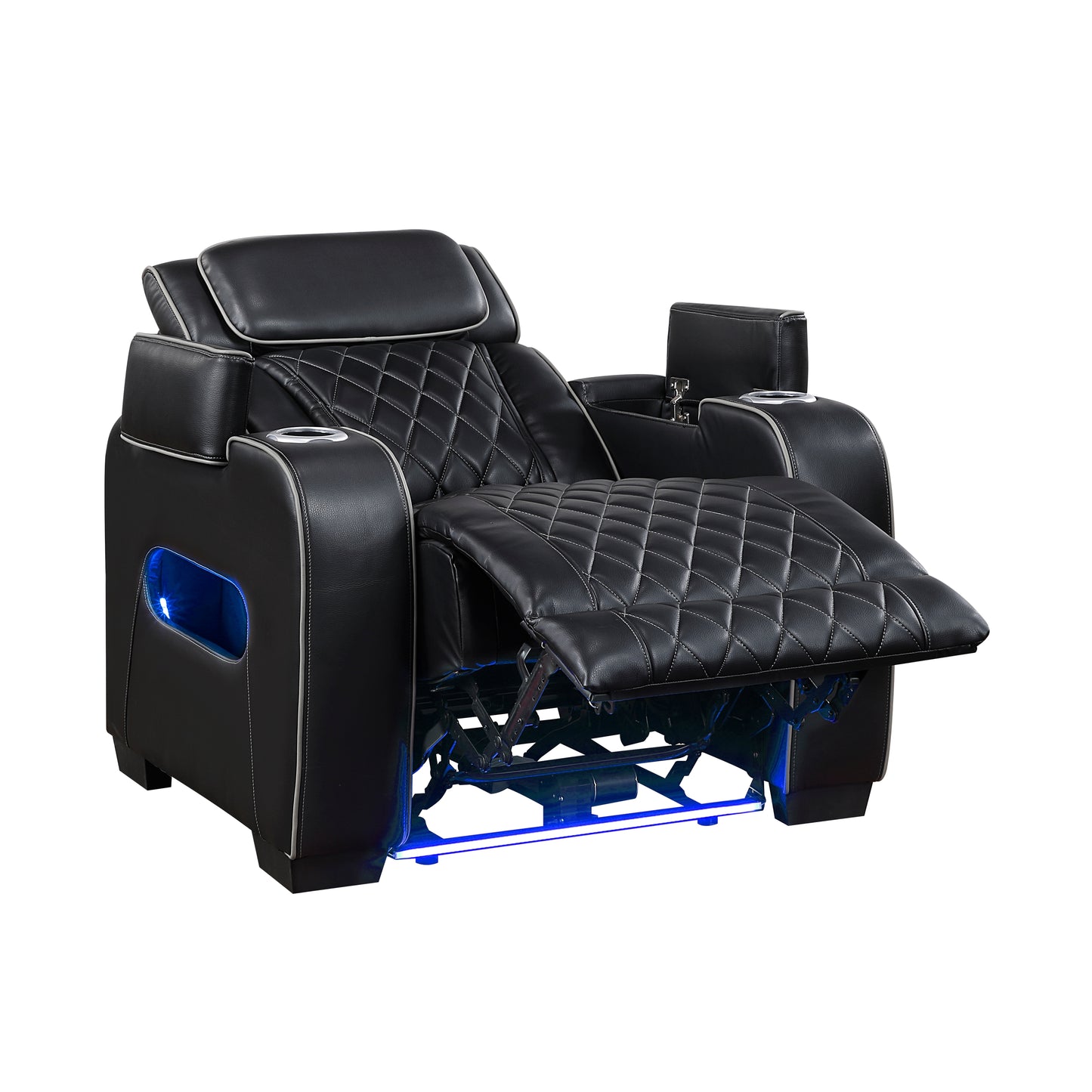 9516BLK-1PWH - Power Reclining Chair with Power Headrest, Cup holders and Storage Arms(Top and Side), Charging Ports and LED lighting