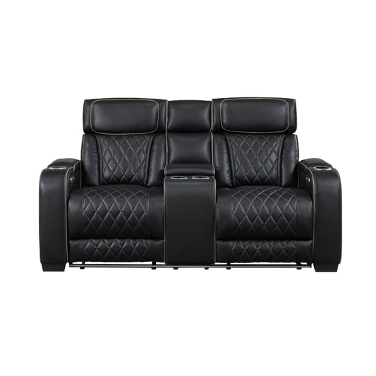 9516BLK-2PWH - Power Double Reclining Love Seat with Center Console, Power Headrests, Storage Arms(Top and Side), Cup holders, Charging Ports and LED lighting