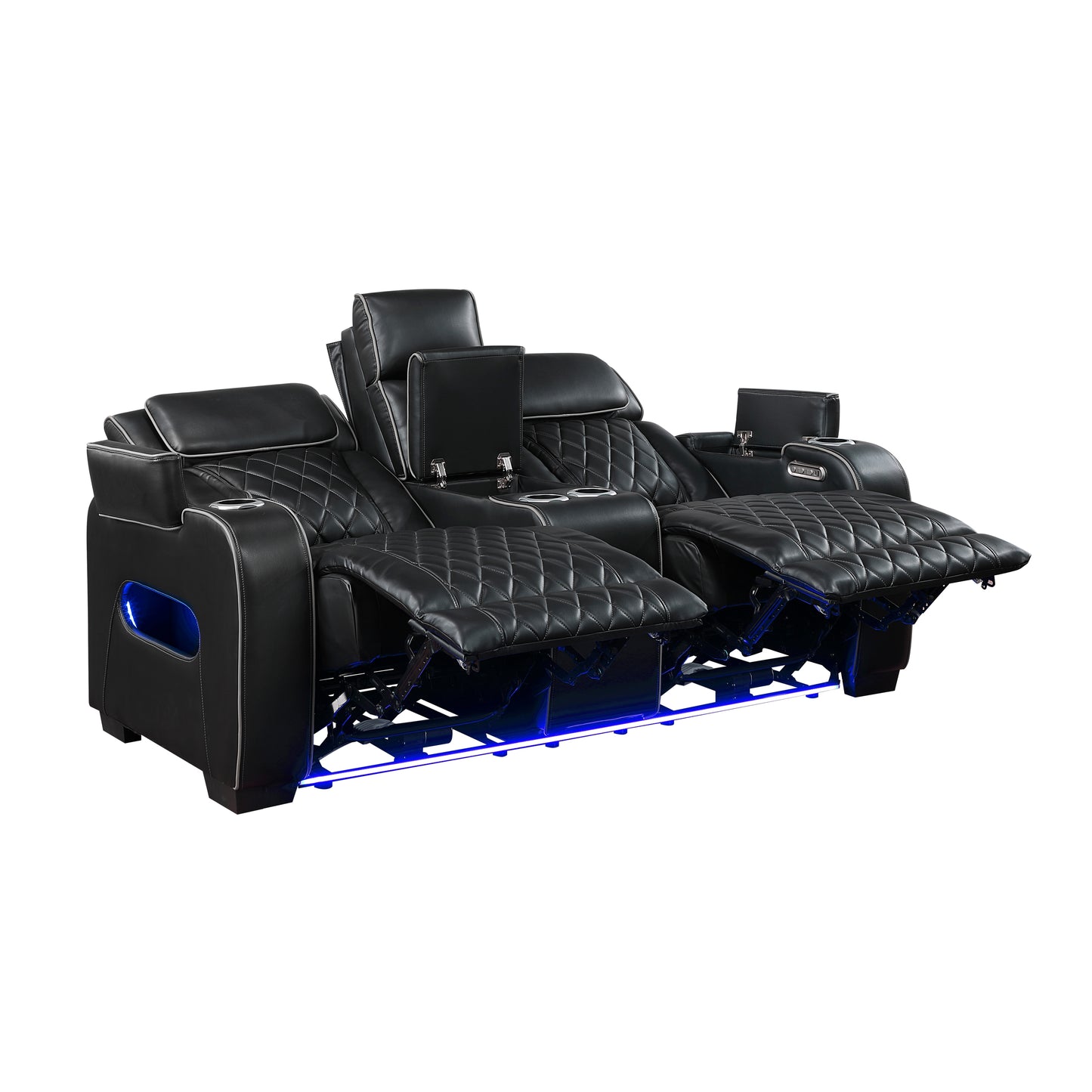 9516BLK-2PWH - Power Double Reclining Love Seat with Center Console, Power Headrests, Storage Arms(Top and Side), Cup holders, Charging Ports and LED lighting