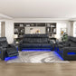 9516BLK-3PWH - Power Double Reclining Sofa with Center Drop-Down Cup Holders, Power Headrests, Storage Arms(Top and Side), Cup holders and Reading Lights, Two Wireless Chargers, Charging Ports and LED Lighting