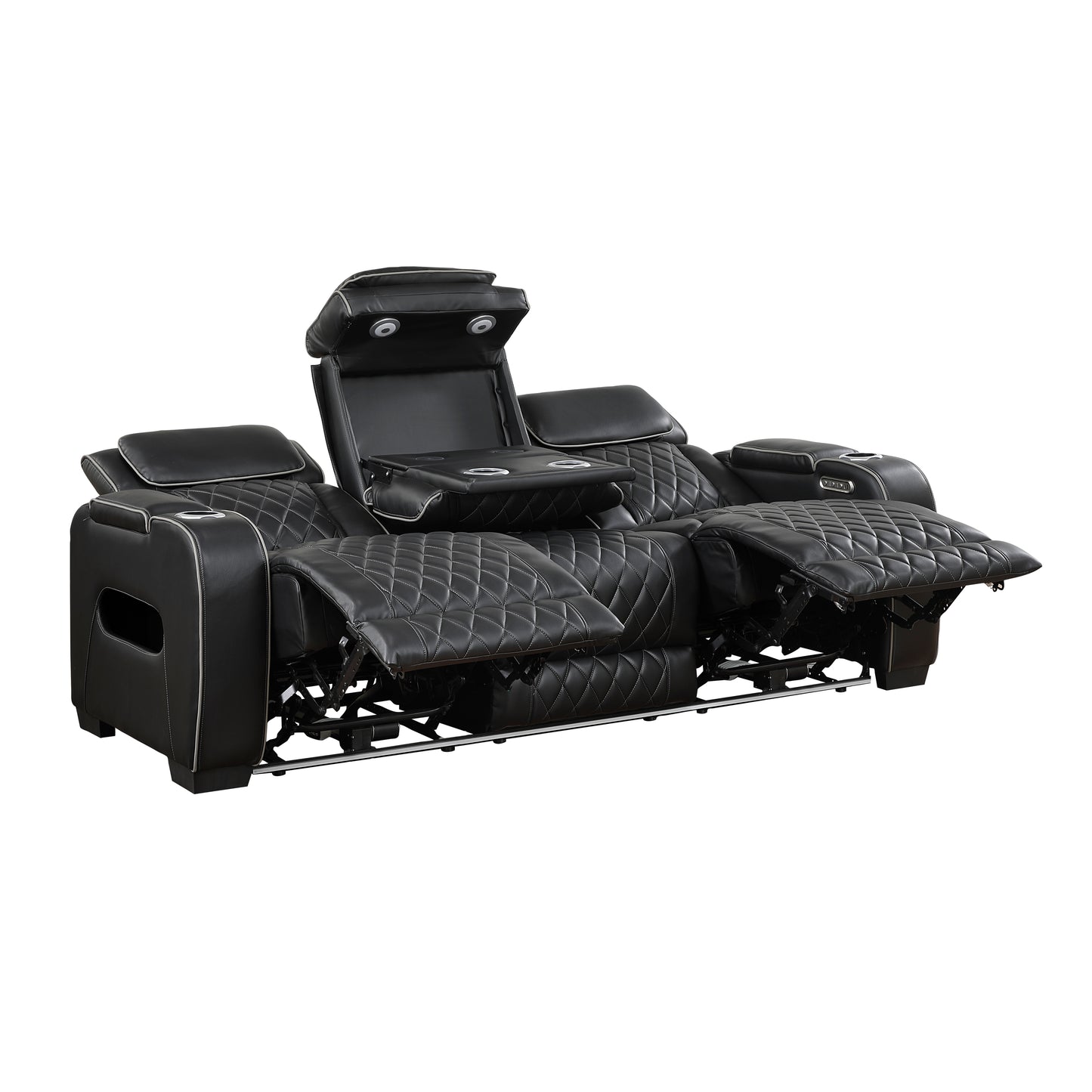 9516BLK-3PWH - Power Double Reclining Sofa with Center Drop-Down Cup Holders, Power Headrests, Storage Arms(Top and Side), Cup holders and Reading Lights, Two Wireless Chargers, Charging Ports and LED Lighting