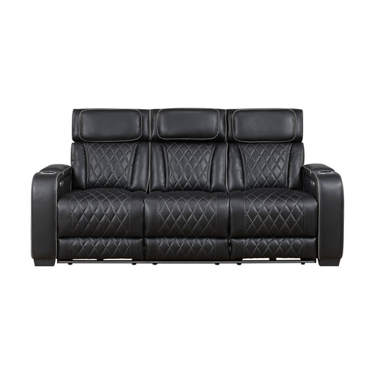 9516BLK-3PWH - Power Double Reclining Sofa with Center Drop-Down Cup Holders, Power Headrests, Storage Arms(Top and Side), Cup holders and Reading Lights, Two Wireless Chargers, Charging Ports and LED Lighting