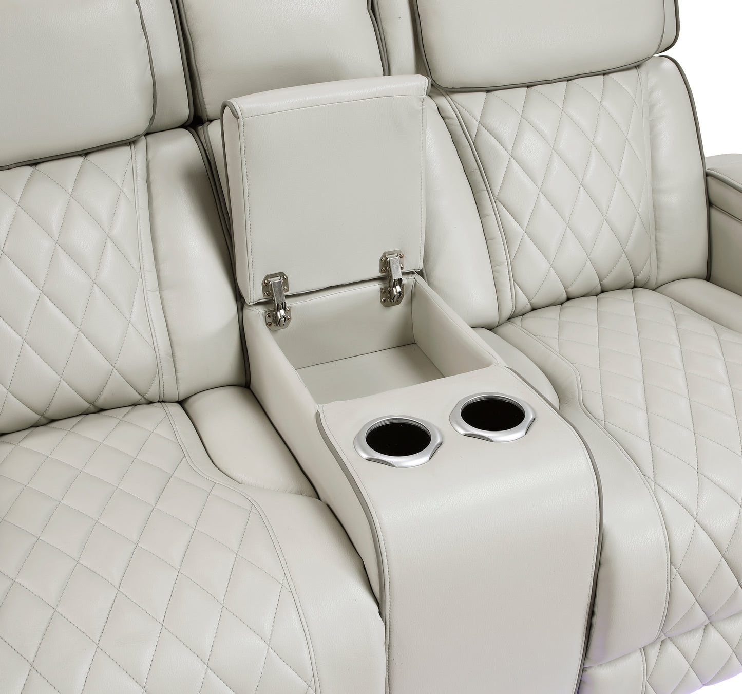 9516TPE-2PWH - Power Double Reclining Love Seat with Center Console, Power Headrests, Storage Arms(Top and Side), Cup holders, Charging Ports and LED lighting