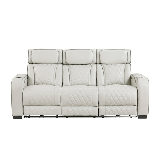 9516TPE-3PWH - Power Double Reclining Sofa with Center Drop-Down Cup Holders, Power Headrests, Storage Arms(Top and Side), Cup holders and Reading Lights, Two Wireless Chargers, Charging Ports and LED Lighting