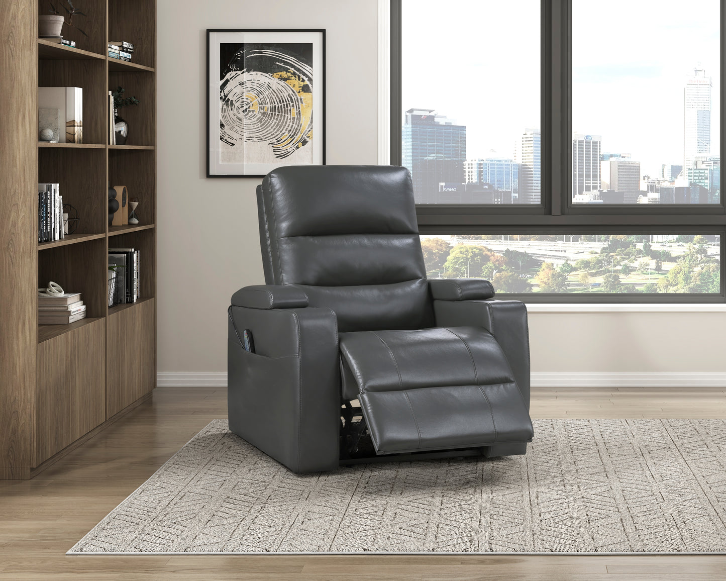 9517GY-1PWH - Power Reclining Chair with Power Headrest, Heat and Massage, Receptacle, Cup-Holders with LED light, Storage Arms and Charging Ports