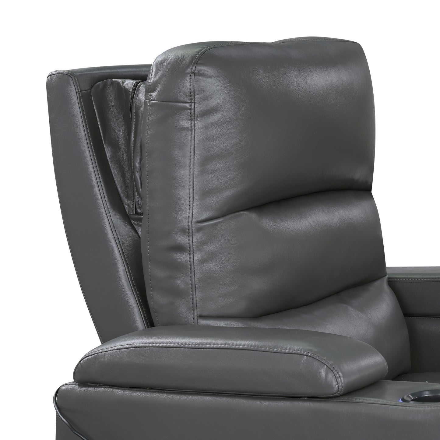 9517GY-1PWH - Power Reclining Chair with Power Headrest, Heat and Massage, Receptacle, Cup-Holders with LED light, Storage Arms and Charging Ports