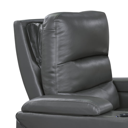 9517GY-1PWH - Power Reclining Chair with Power Headrest, Heat and Massage, Receptacle, Cup-Holders with LED light, Storage Arms and Charging Ports